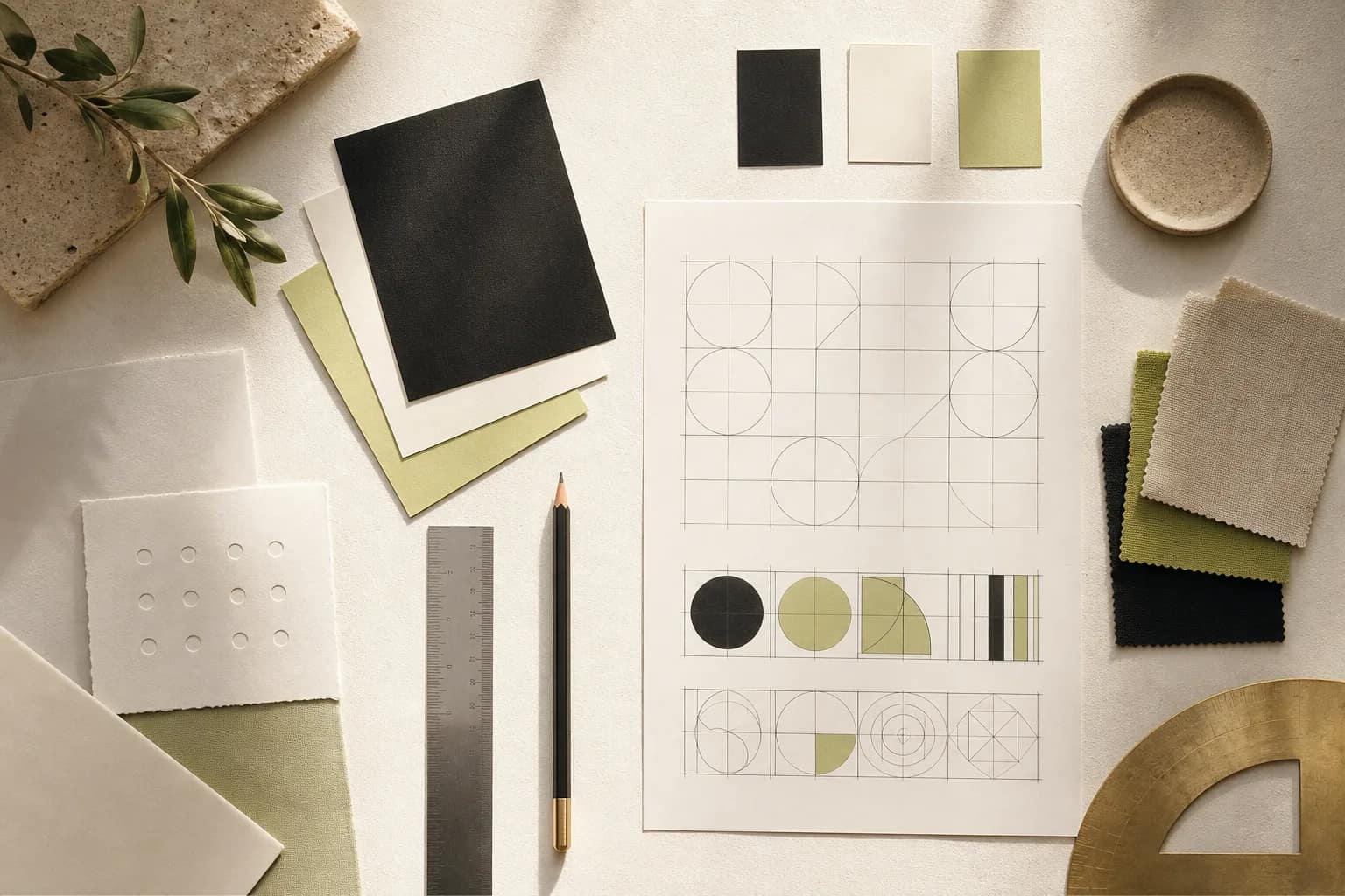 Grid, color swatches, and type specimens for a brand system