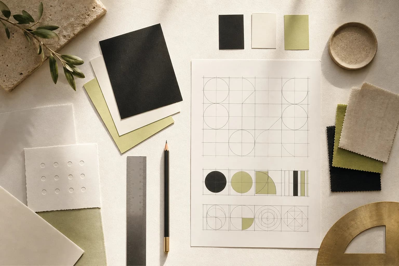 Grid, color swatches, and type specimens for a brand system