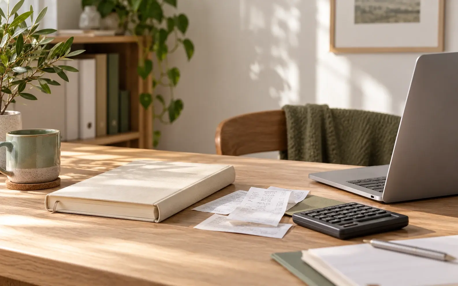 Illustrative visual for AI Accounting: a ledger, receipts and calculator; AI-generated image, not an application screenshot.