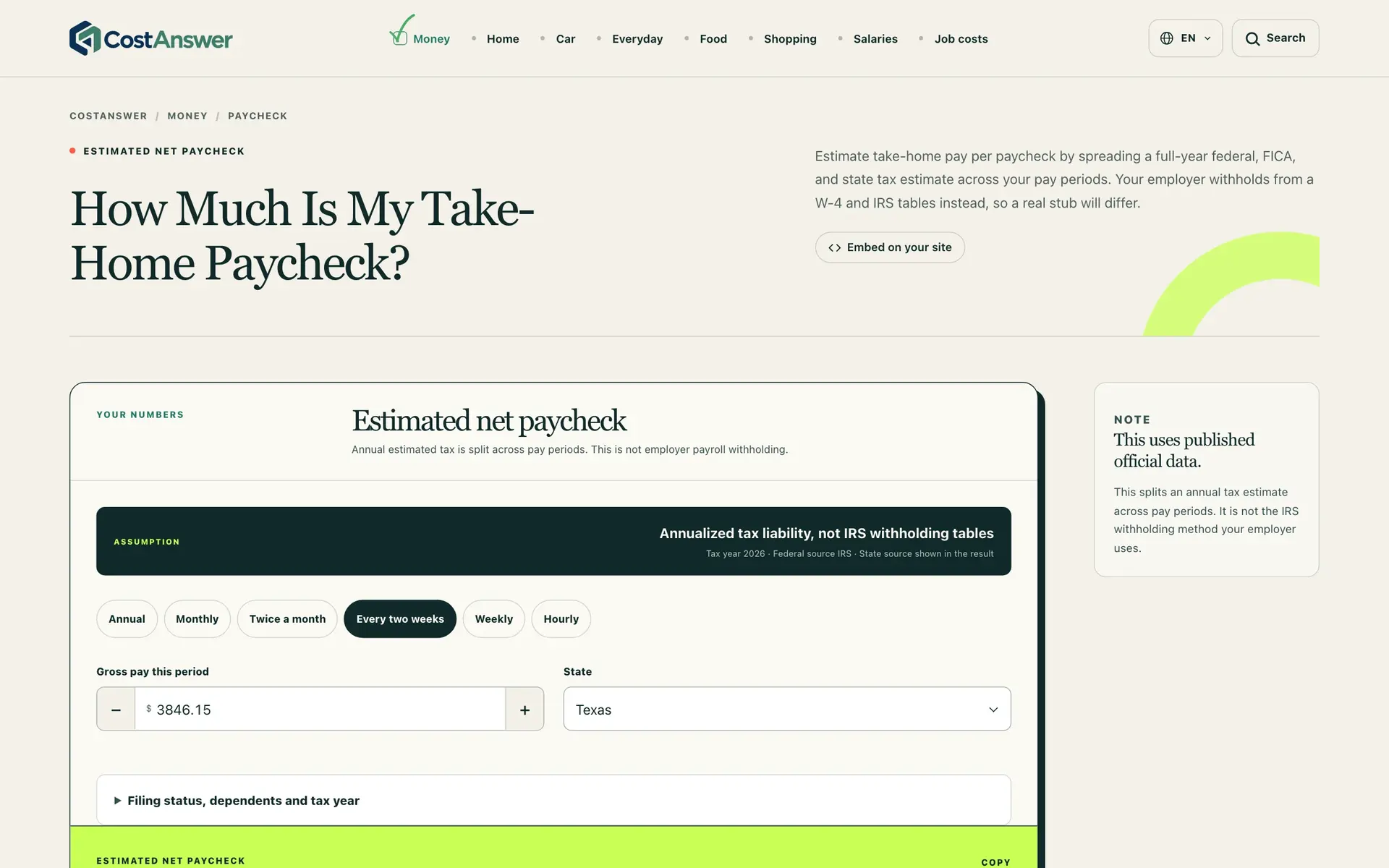 The live paycheck calculator brings pay and state inputs together with an estimated tax breakdown. The displayed figures are a calculation example.