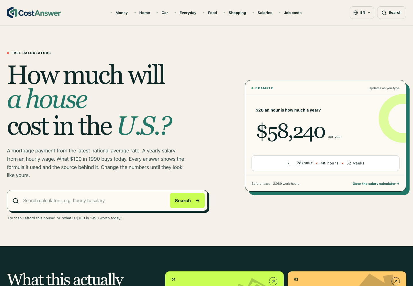 CostAnswer home page with its salary calculator and source-based cost tools