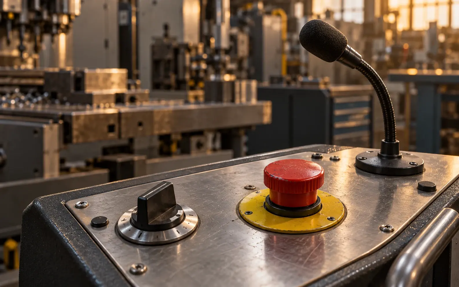 Illustrative visual for Industrial Voice AI: a microphone and control panel; AI-generated image.