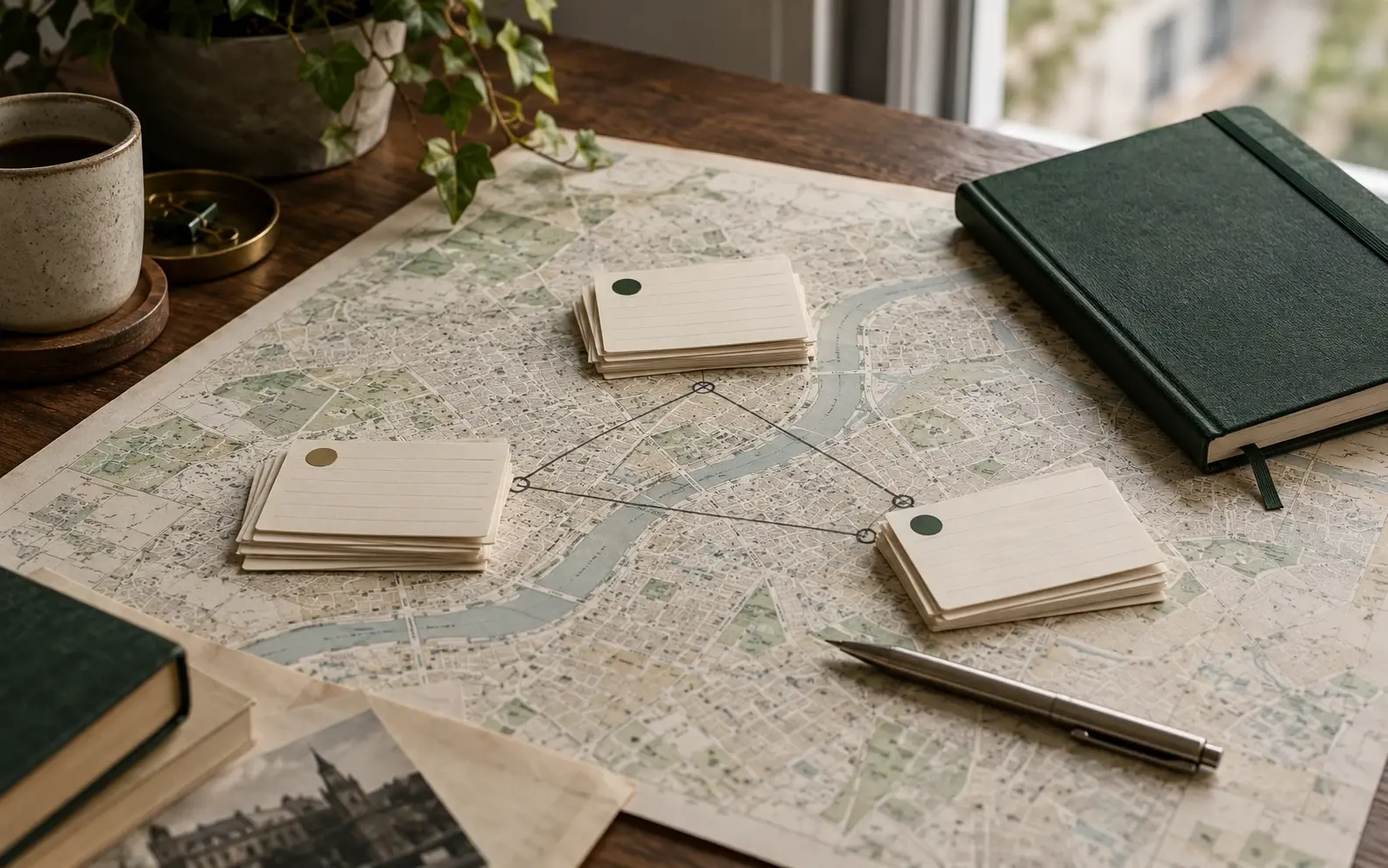 Illustrative visual for METEK ATLAS: a city map and grouped notes representing business discovery; AI-generated image.