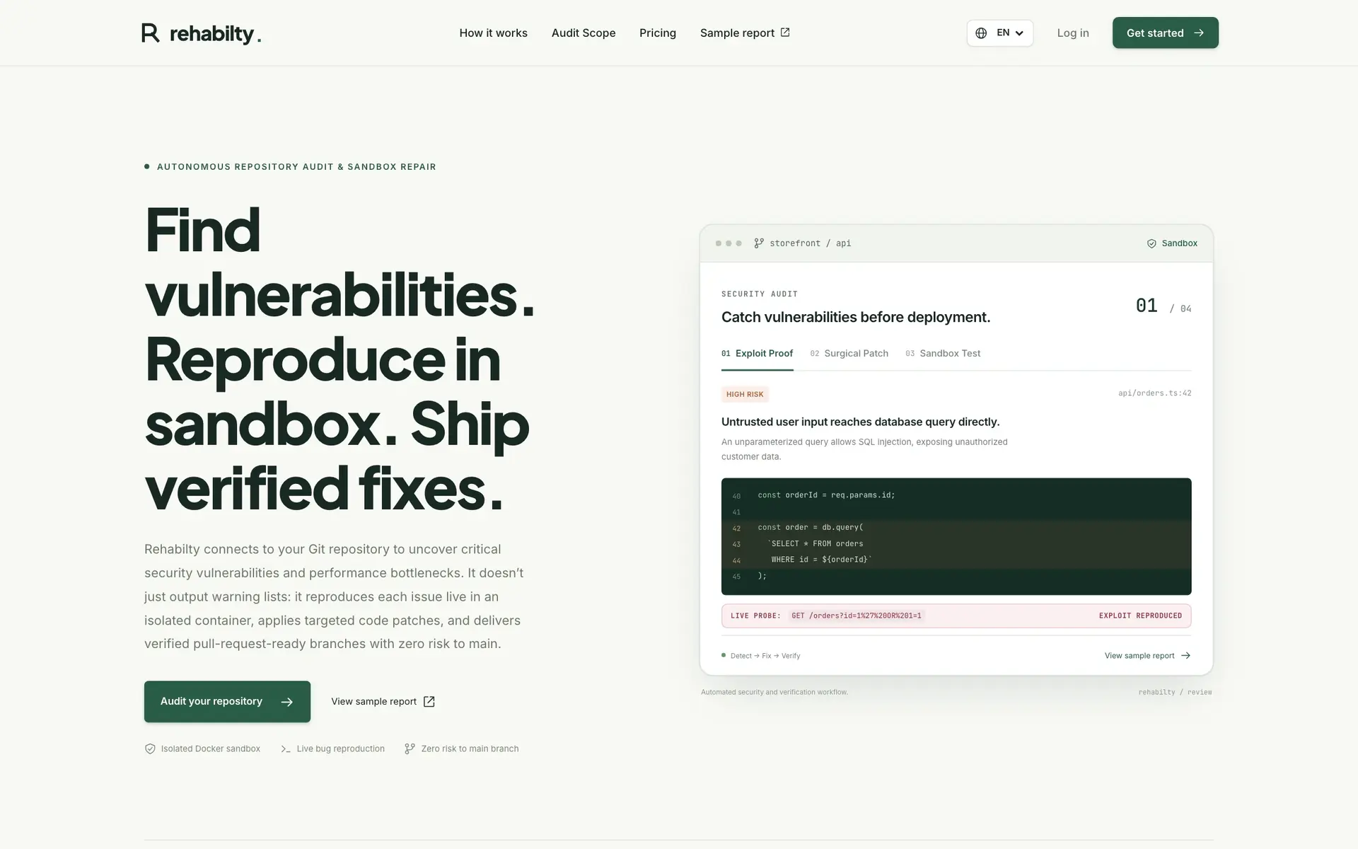 Rehabilty homepage showing repository audit input, architectural analysis layers and sandbox repair workflow