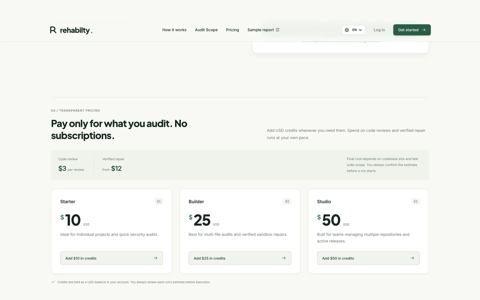 Transparent pay-as-you-go pricing breakdown for static audits and verified sandbox repairs.