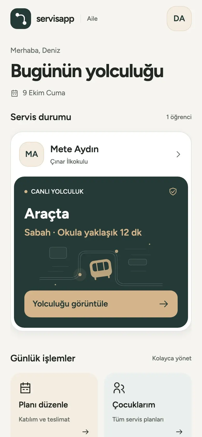 The parent home screen shows example student Mete Aydın and an active journey. School and trip information are demonstration data.
