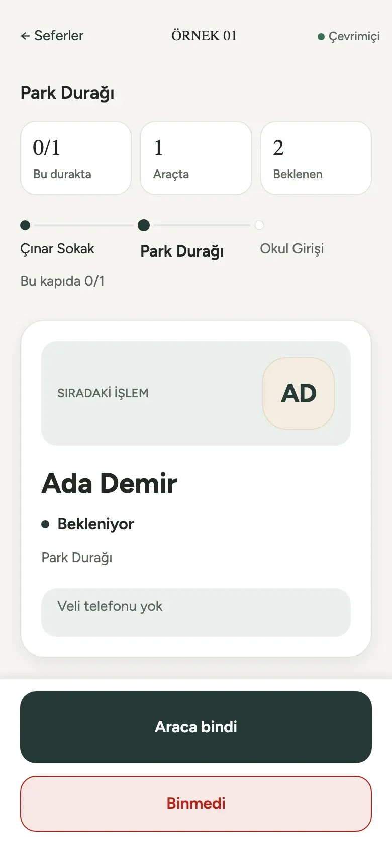 The driver’s active-trip interface shows the next stop, expected student and boarding actions using an example journey.