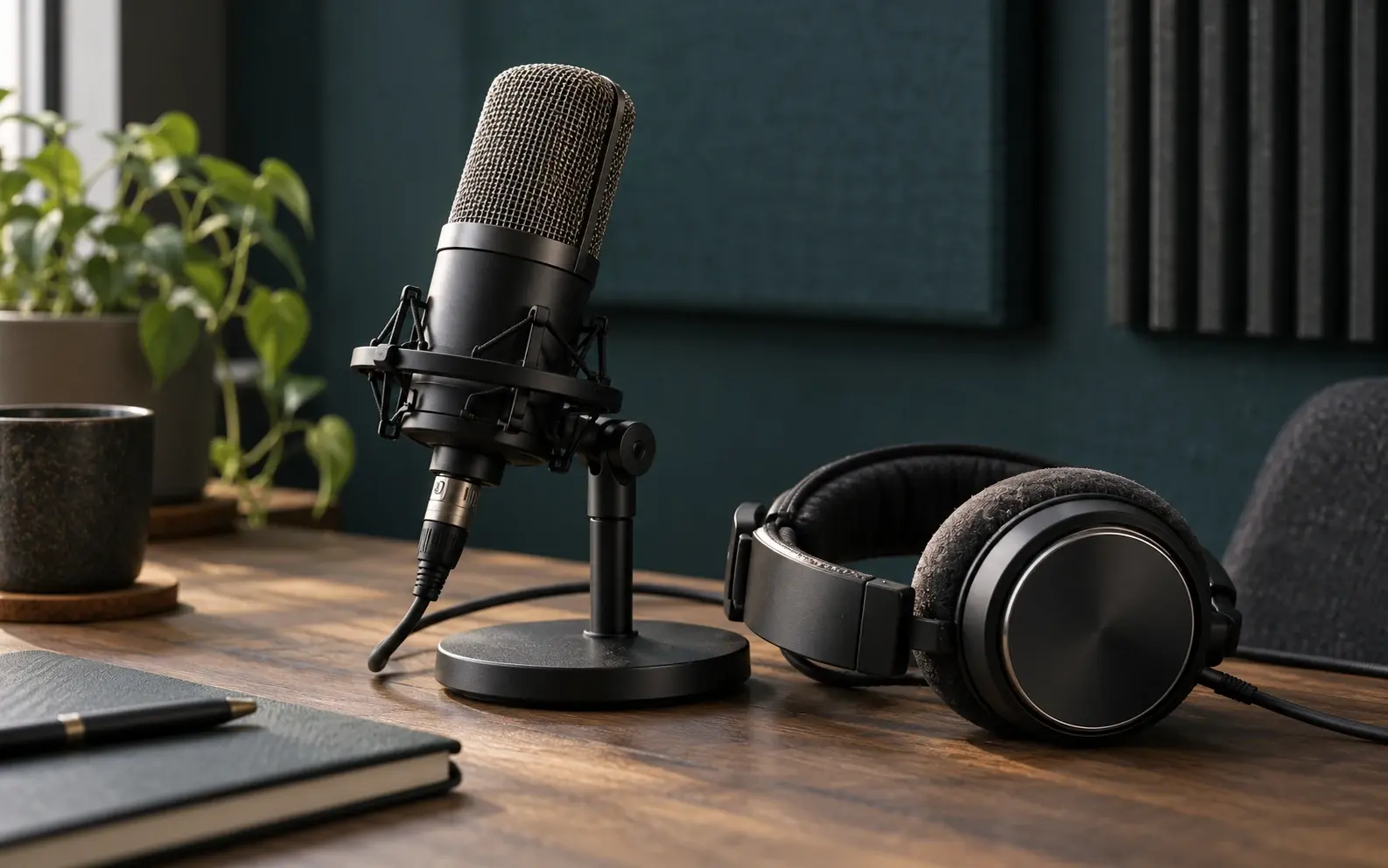 Illustrative visual for TTS / Voice AI: a microphone and headphones; AI-generated image.