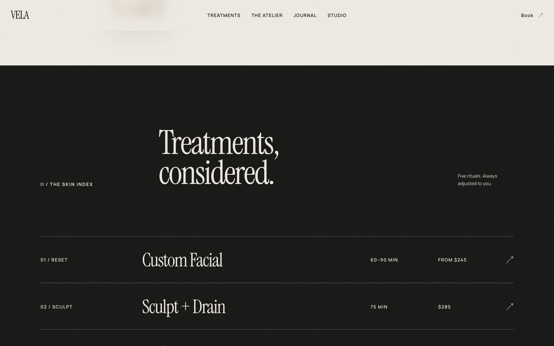 Skin Index listing Reset, Sculpt, Renew, and other protocols