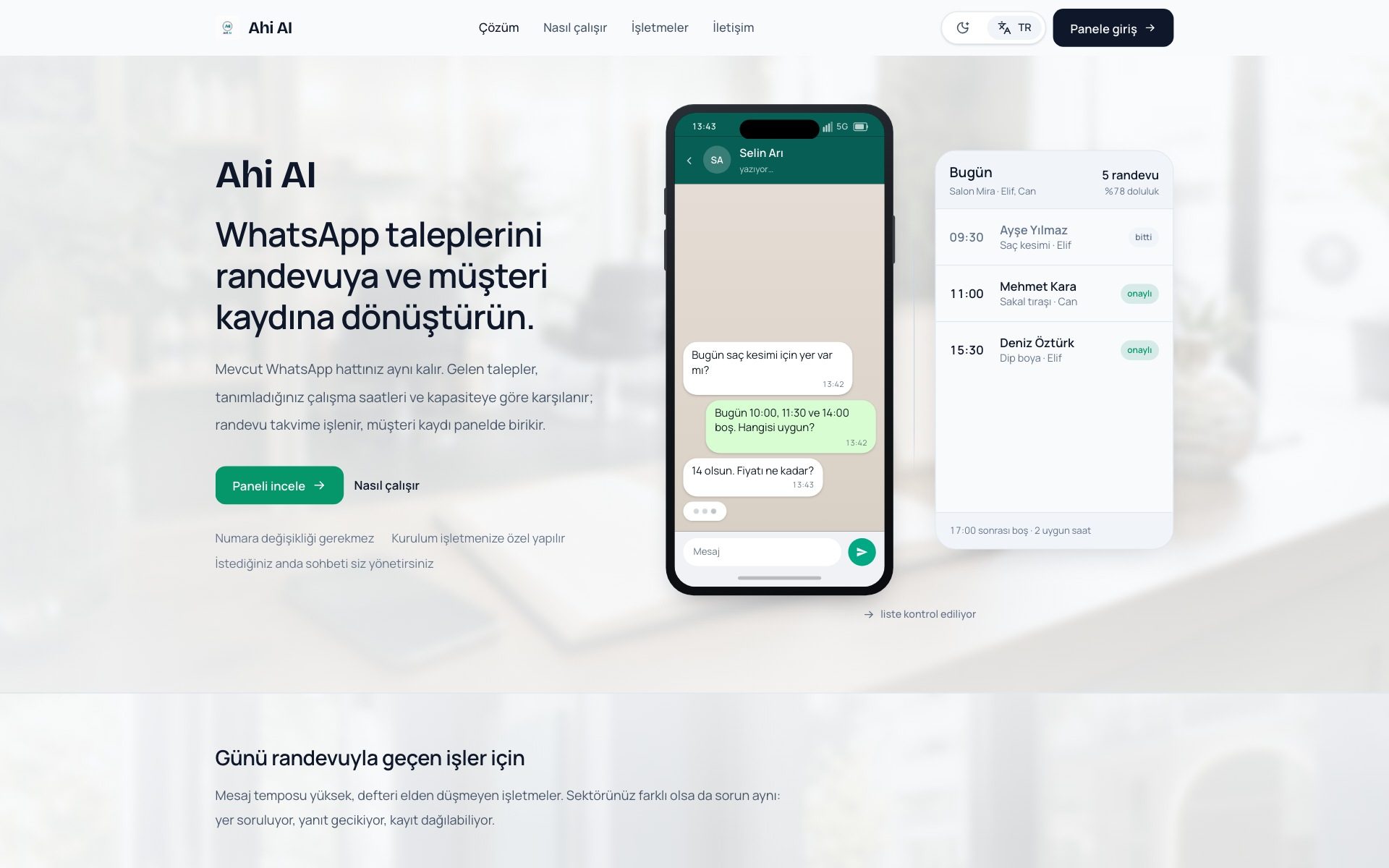 Ahi AI homepage with WhatsApp chat and daily booking panel