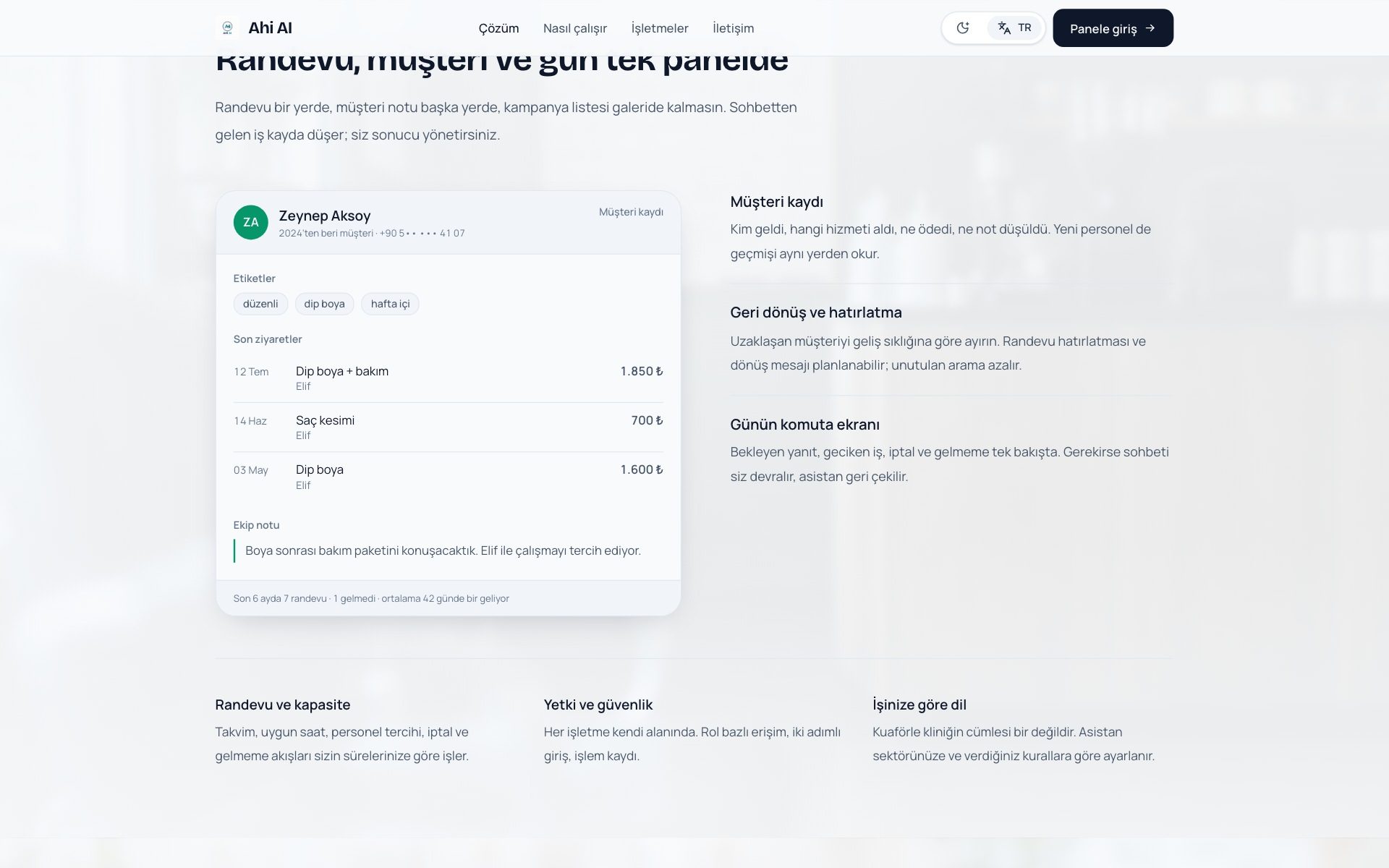 Customer record panel with visit history and team notes