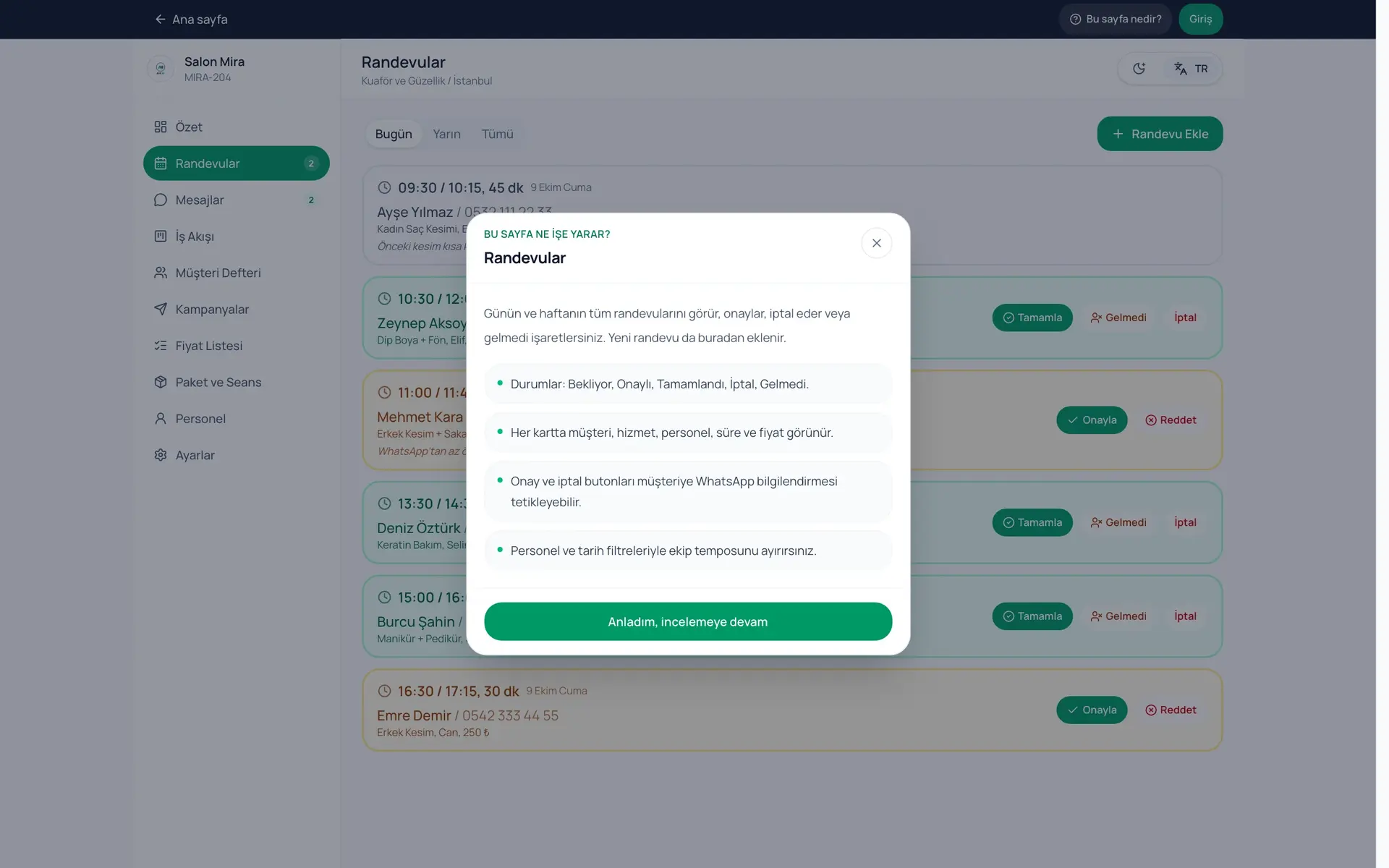 The appointment view in the public demo panel, showing service, time and customer information in a shared workspace.
