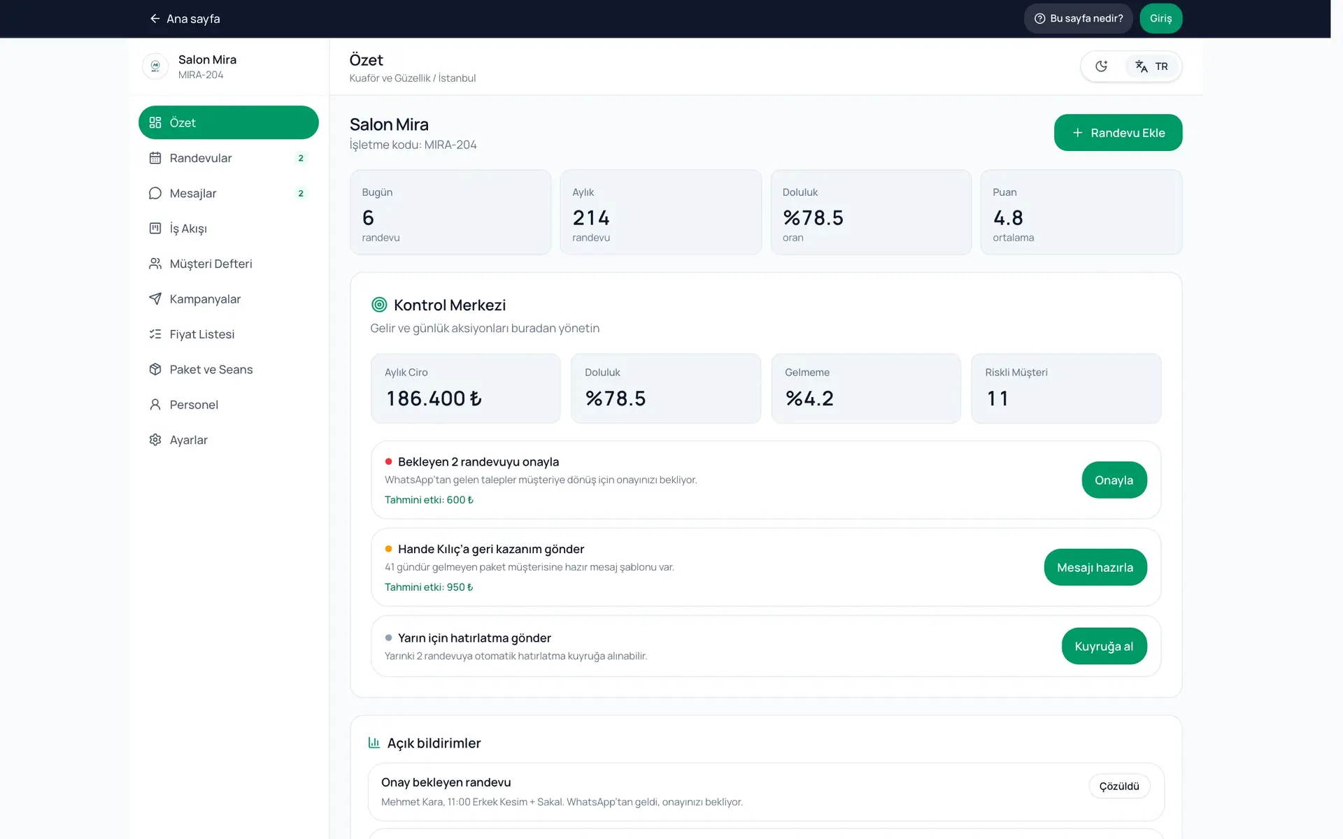 Ahi AI’s public demo panel, with appointments and communication using sample business data. Its figures are not METEK business results.