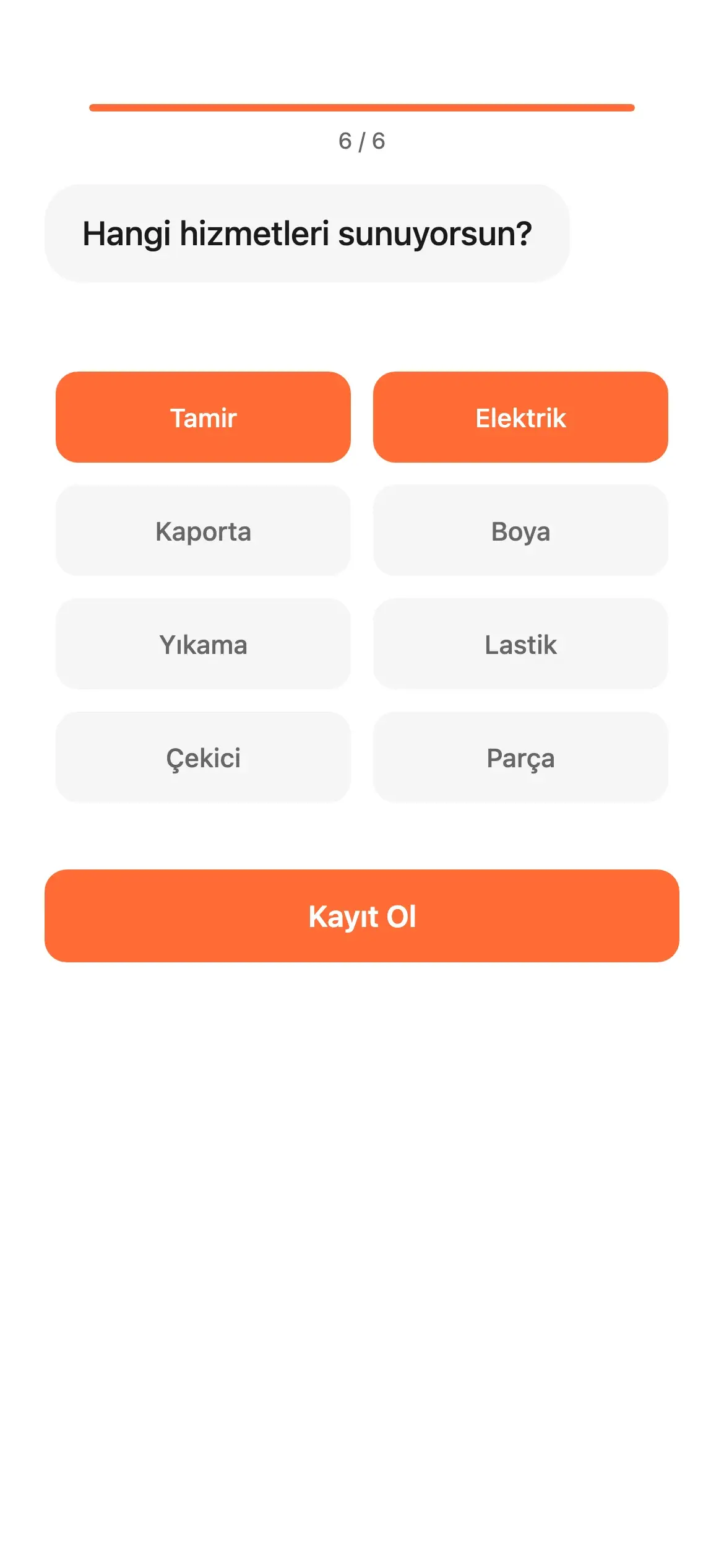 Service-category selection in the mechanic app. This source interface shows how a business describes the types of work it handles.