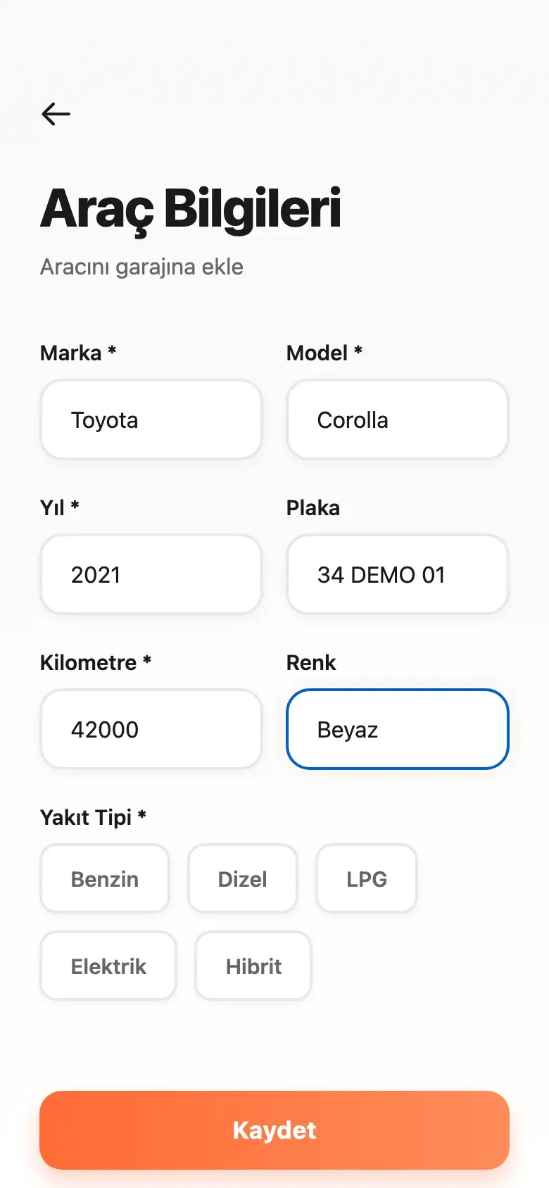 The actual vehicle-entry interface with example make, model and mileage. Vehicle records provide context for the owner’s repair requests.