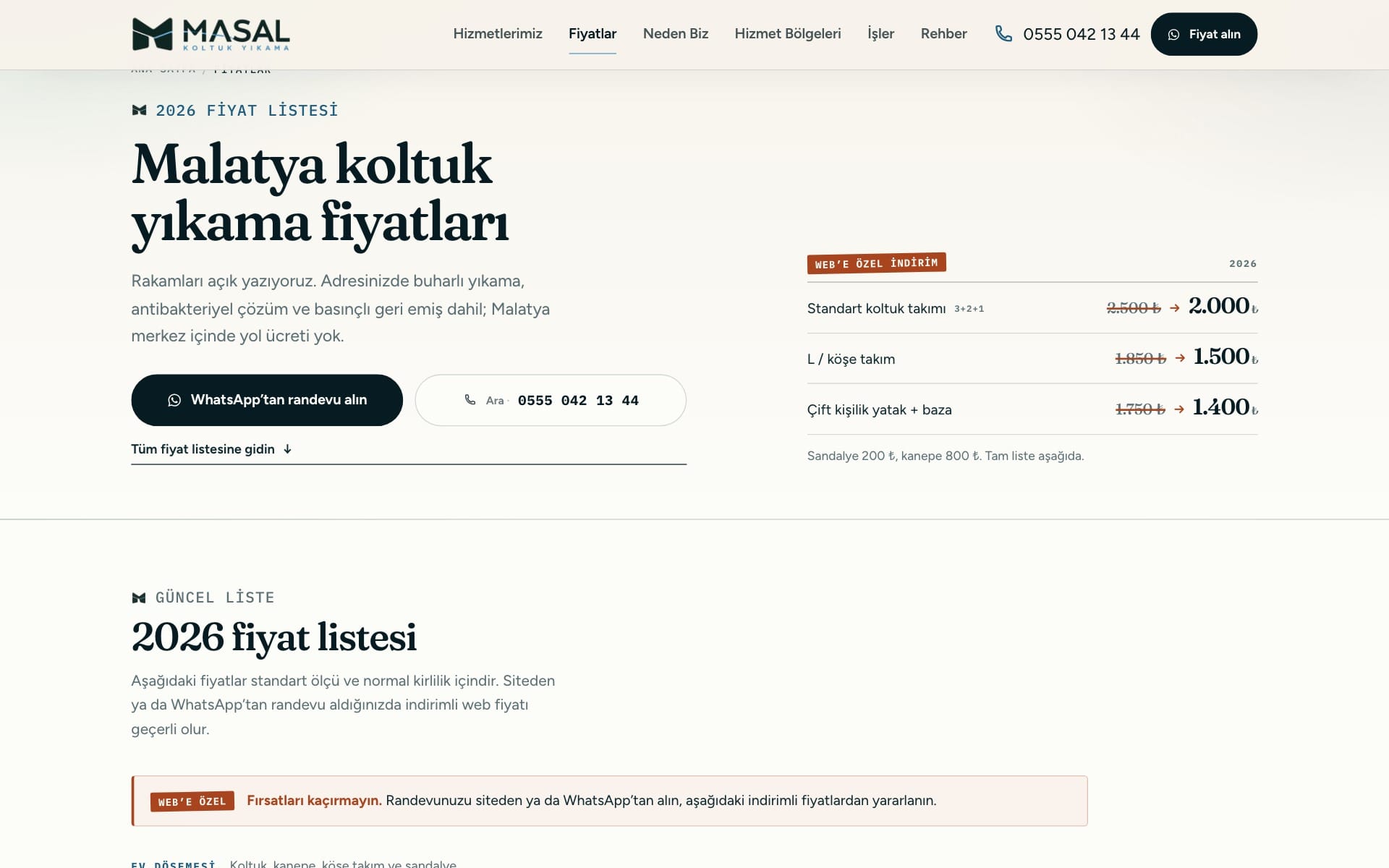 2026 price list with open rates for sofa sets, corner units, and beds