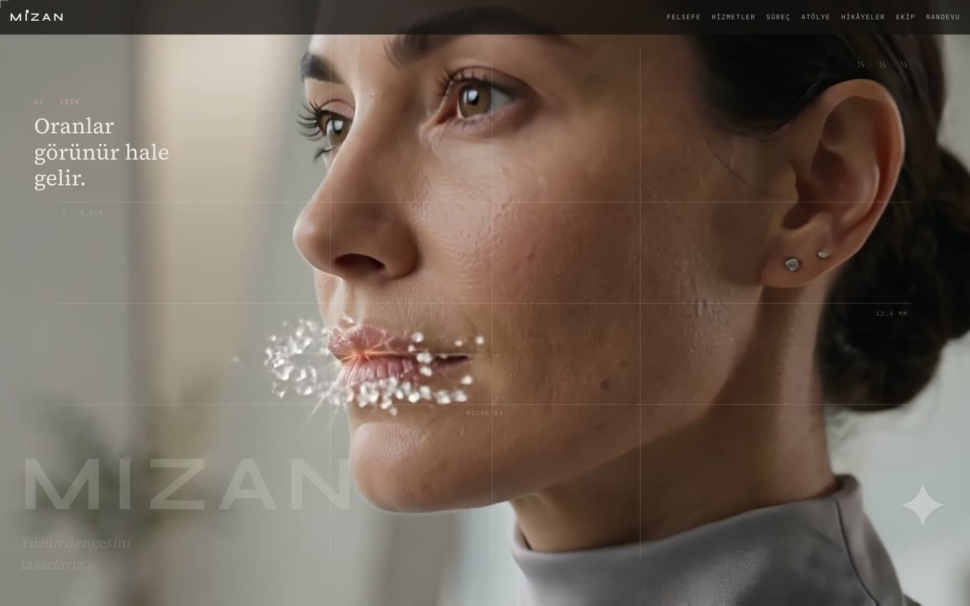 Scroll-driven smile film: closed expression, light, opening