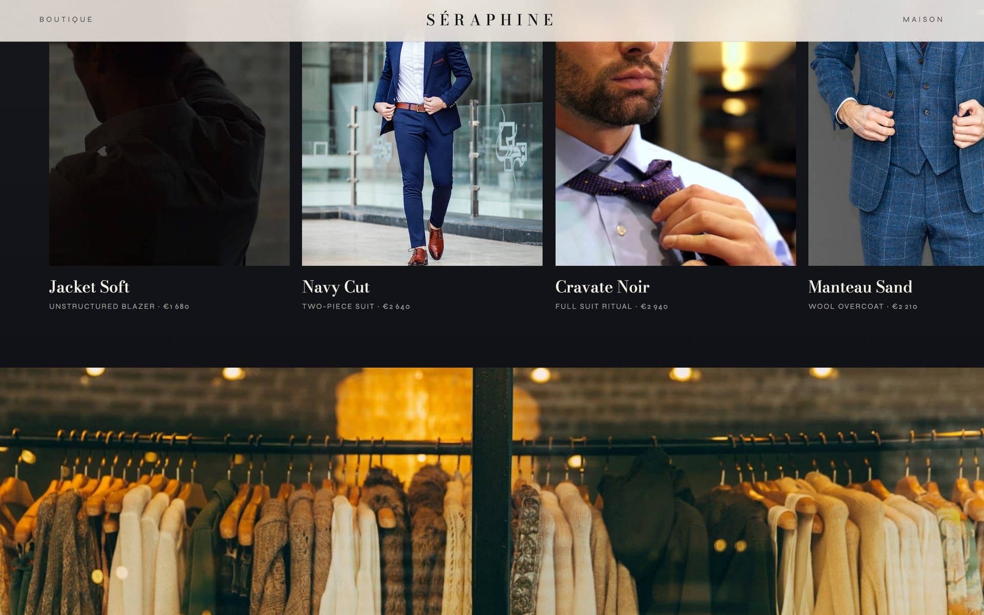Men's collection in a dark runway-style grid