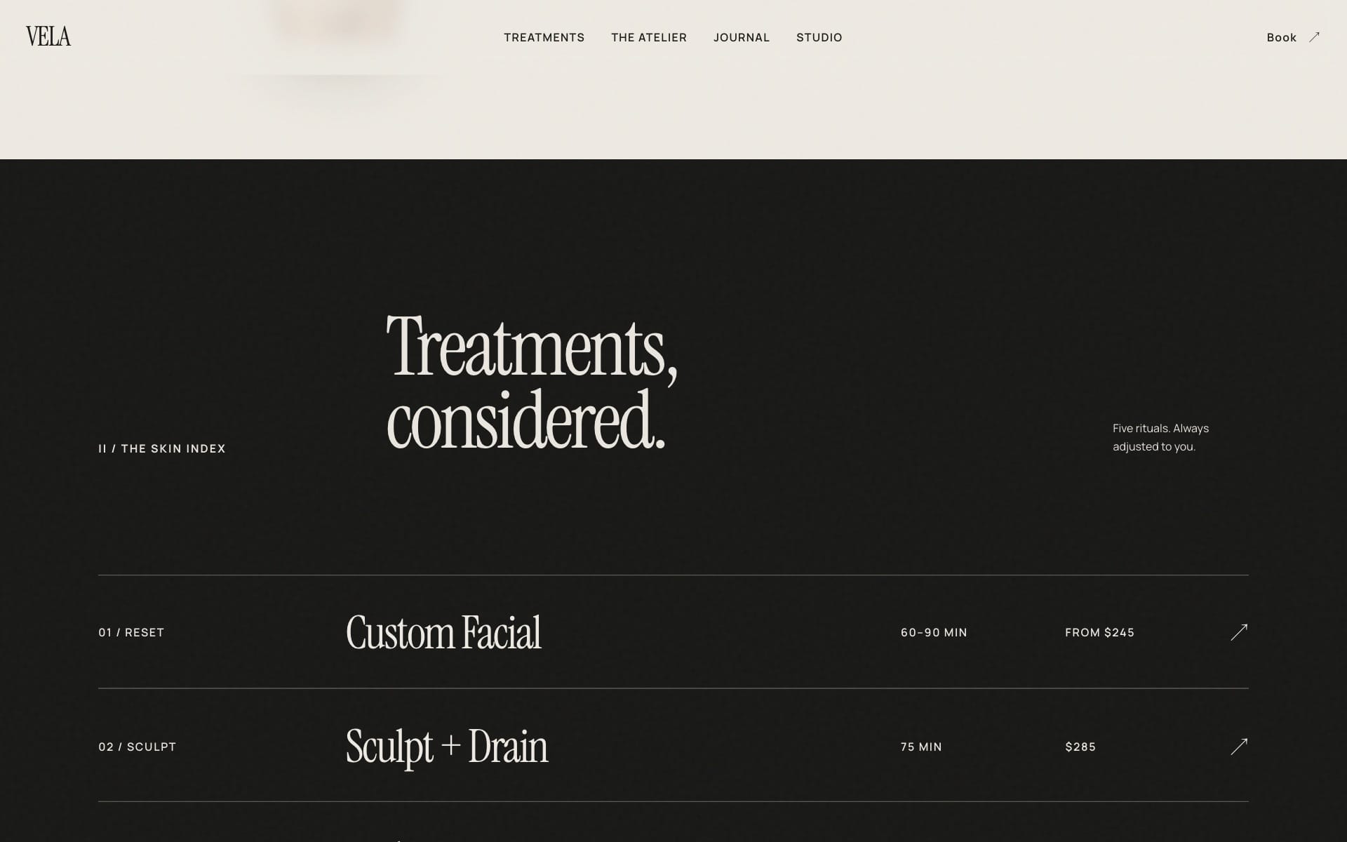 Skin Index listing Reset, Sculpt, Renew, and other protocols