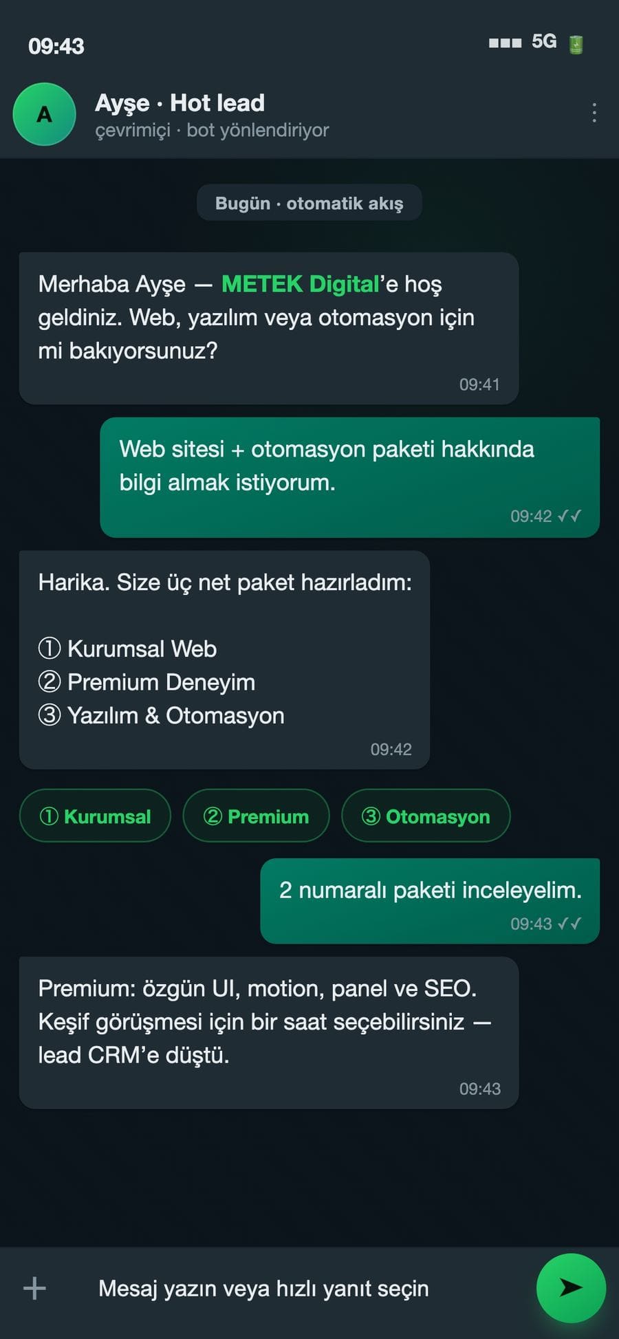 WhatsApp chatbot konuşmasının telefon ekranındaki görünümü.
